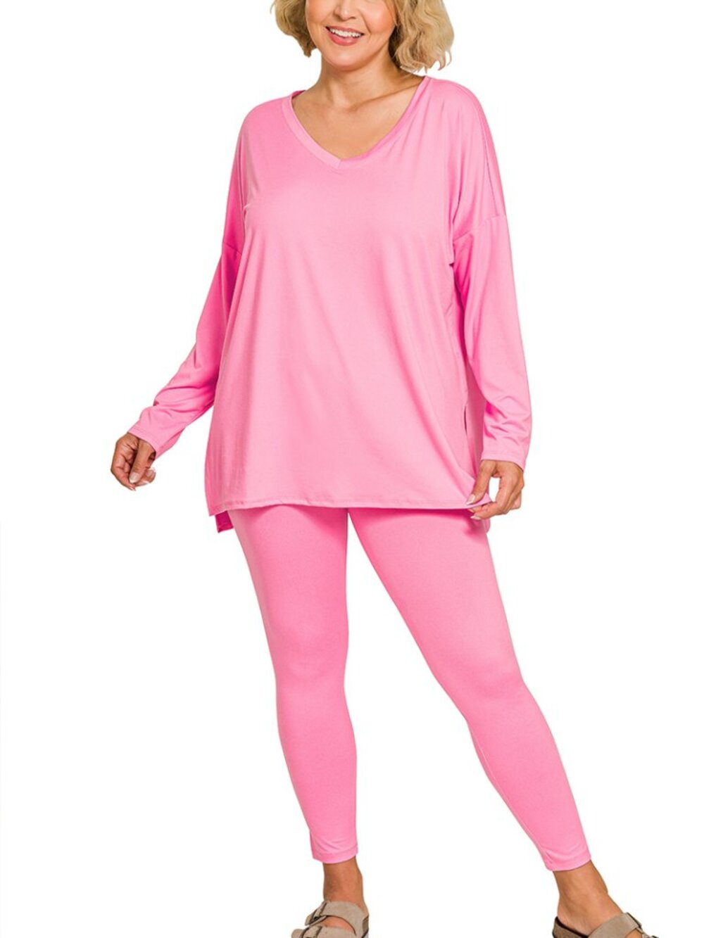 V‑Neck Long‑Sleeve Loungewear Leggings Set – Buttery Soft Brushed DTY Microfiber